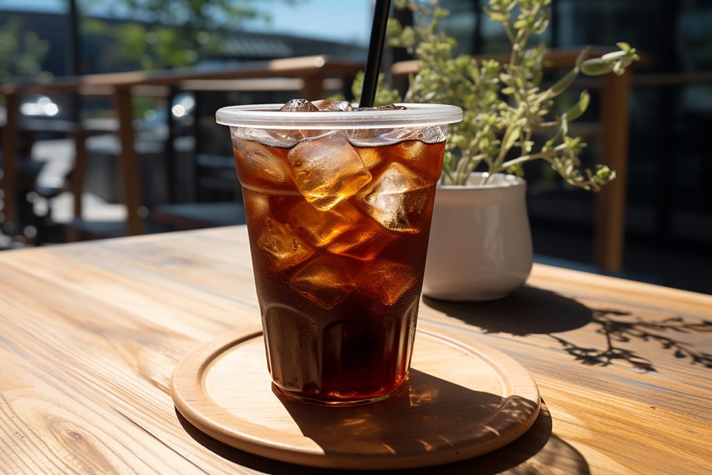 Ein eisgekühlter Americano aus dem Glas mit Strohhalm sieht an einem sonnigen Tag im Café frisch aus